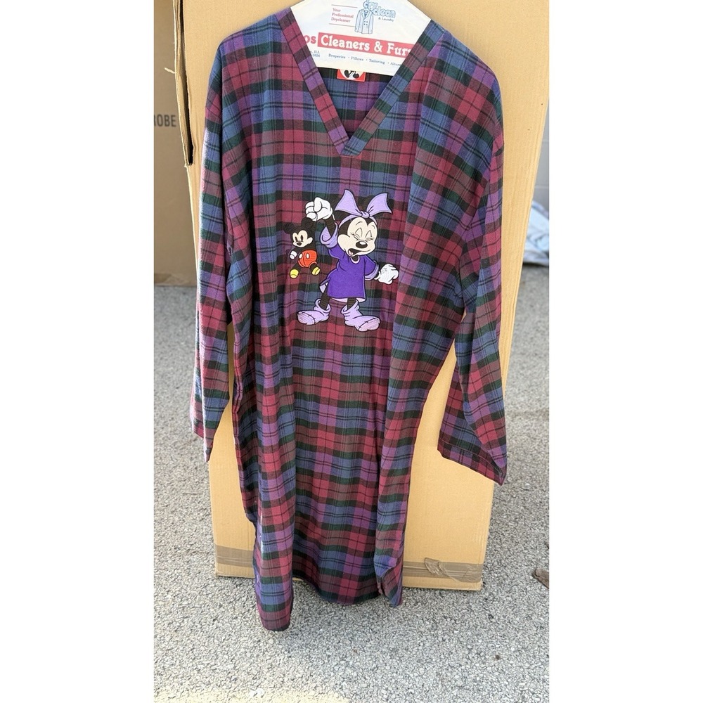 Vintage Disney Minnie Mickey Plaid Nightshirt One Size Cotton 90s
